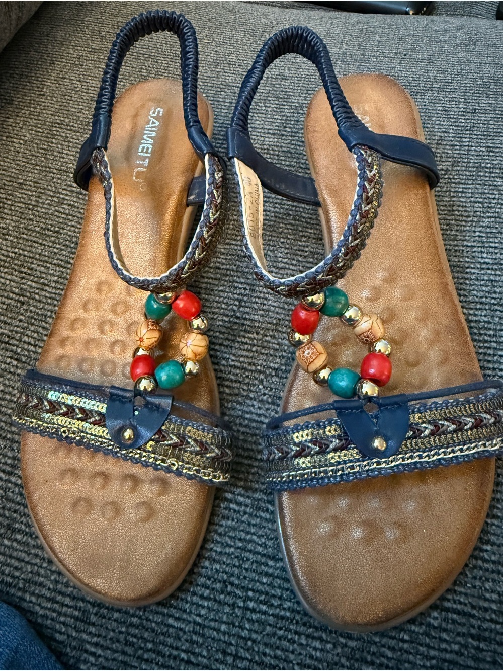 Beaded Navy Women’s Slingback Sandals with Multicolor Accents